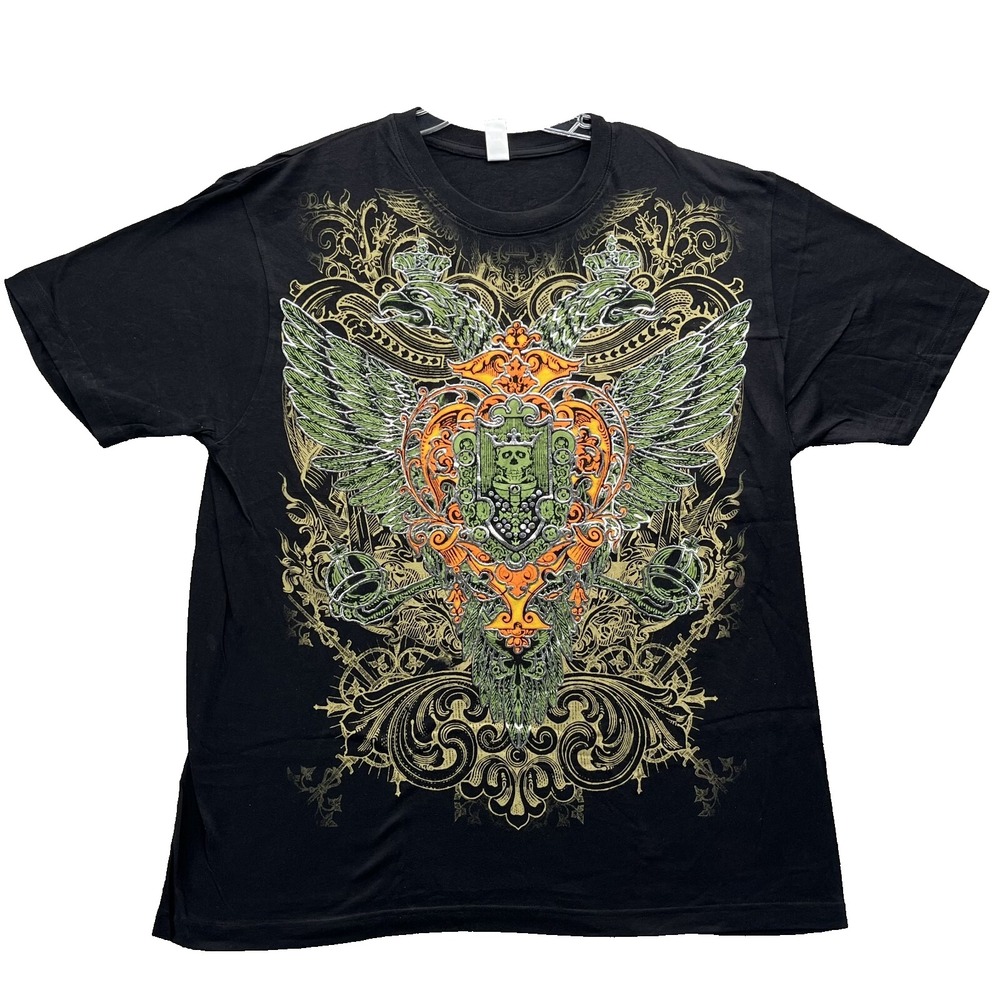 Y2K T-Shirt Men XL Black Wings‎ Double Graphic Biker Rocker Moto Goth Streetwear